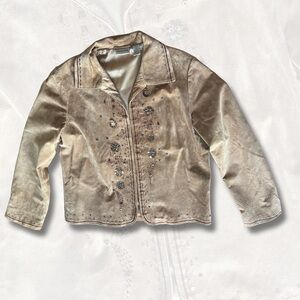 Chico's Beige Floral Embellished Jean Jacket